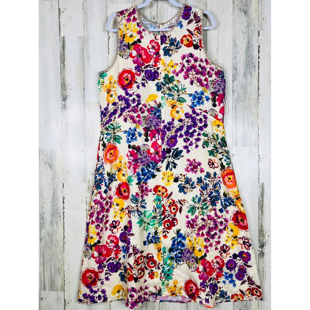 Johnny Was Floral Linen Midi Dress XL Cream Boho Summer Garden Party Embroidery